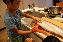 子供達の手作りイクラ仕込みと鮭フレーク作り